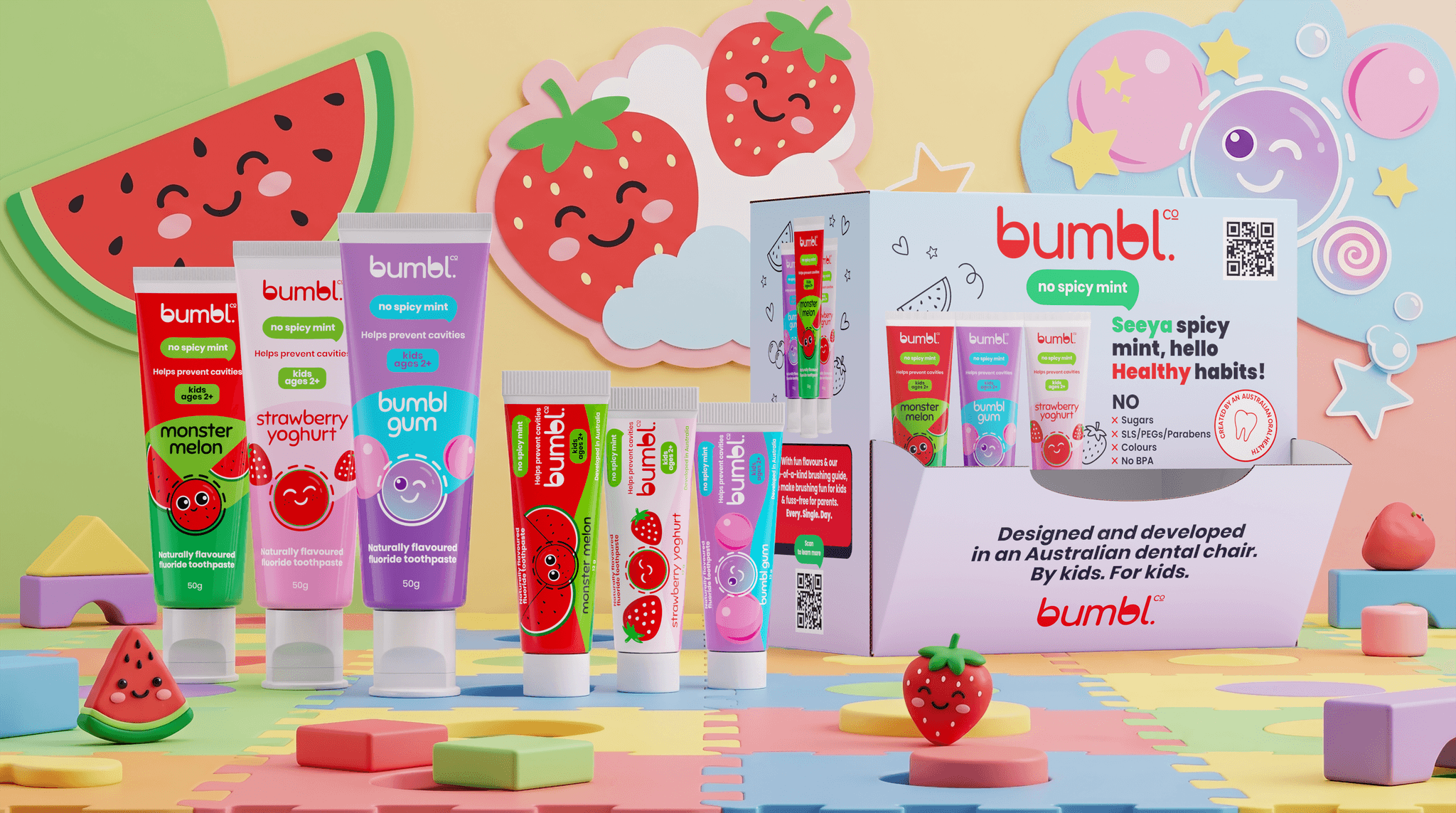 Bumbl Co Tasty Trio in a playful kids' scene — Bumbl Gum, Monster Melon and Strawberry Yoghurt tubes with Bumbl Minis and wholesale display
