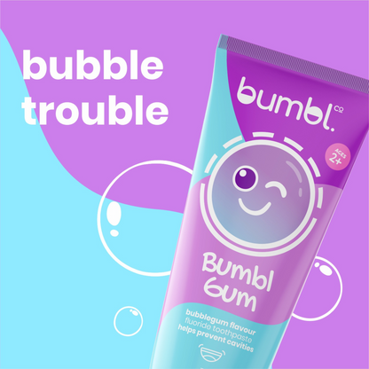 bumbl gum graphic with bubbles behind it bubble trouble